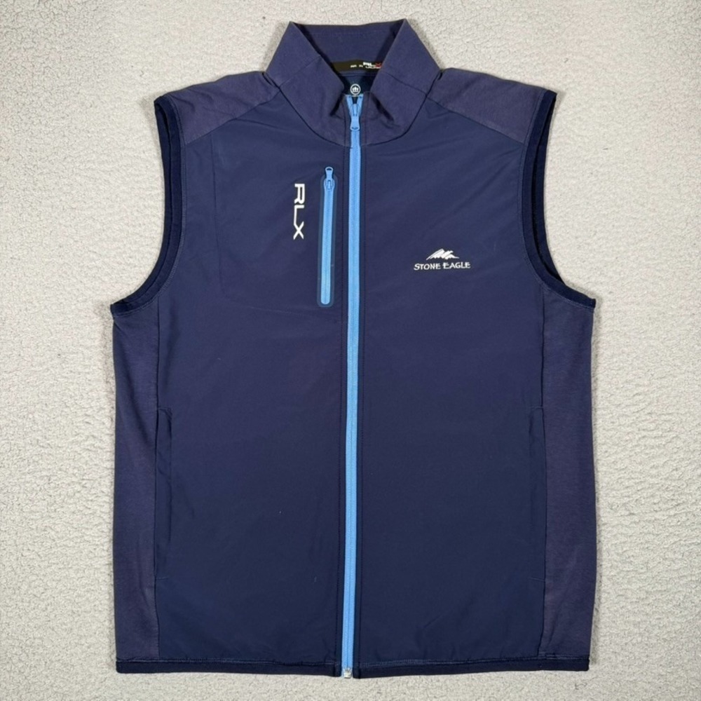 RLX Ralph Lauren Vest Mens Medium Blue Golf Full Zip Pockets Country Club Logo